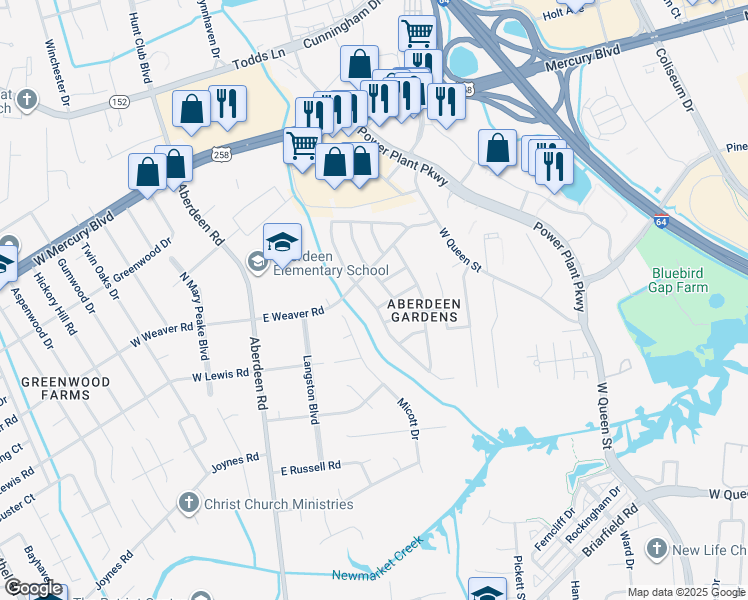 map of restaurants, bars, coffee shops, grocery stores, and more near 56 Jordan Drive in Hampton