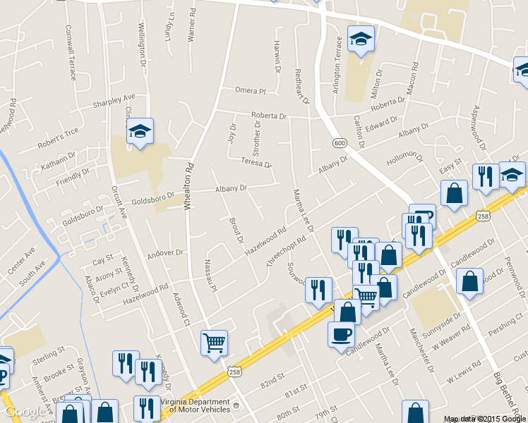 map of restaurants, bars, coffee shops, grocery stores, and more near 4603 Poppy Ct in Hampton