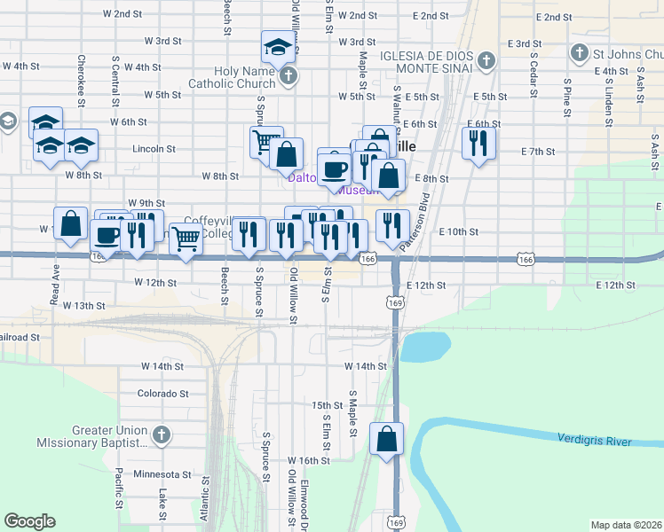 map of restaurants, bars, coffee shops, grocery stores, and more near 1149 South Elm Street in Coffeyville