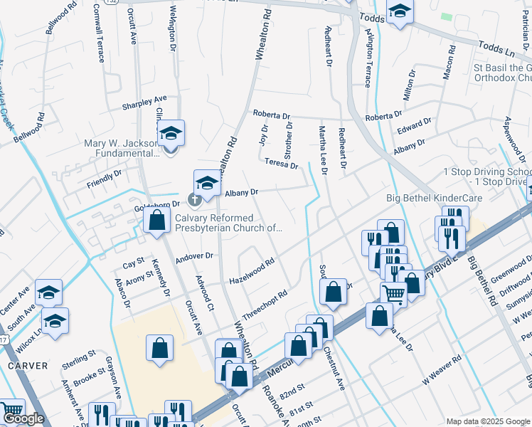 map of restaurants, bars, coffee shops, grocery stores, and more near 358 Brout Drive in Hampton