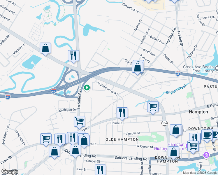 map of restaurants, bars, coffee shops, grocery stores, and more near 818 Roosevelt Street in Hampton