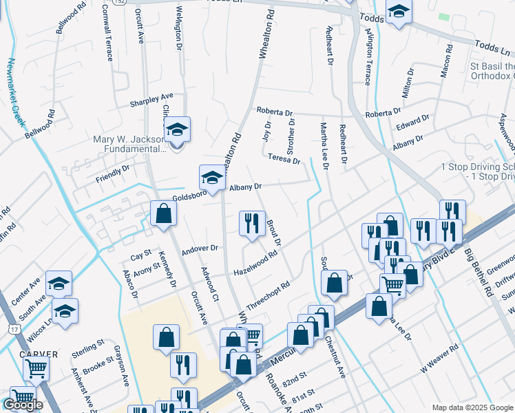 map of restaurants, bars, coffee shops, grocery stores, and more near 4703 Norris Court in Hampton