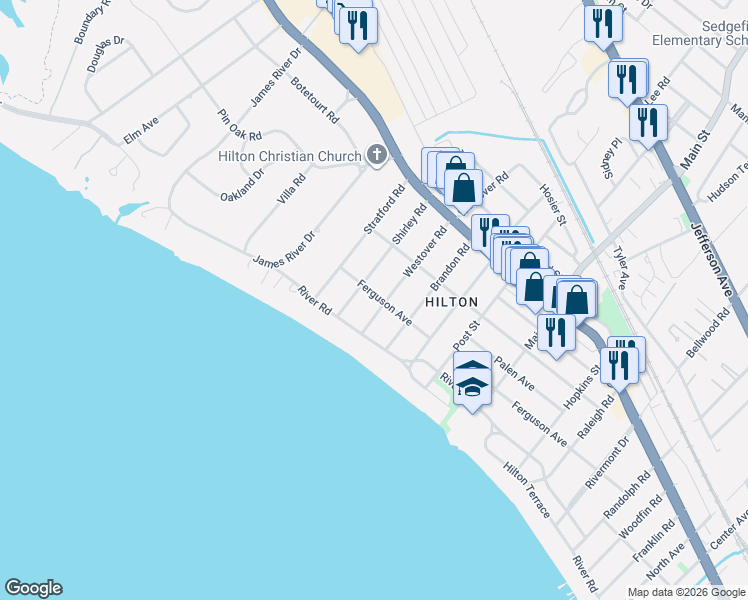 map of restaurants, bars, coffee shops, grocery stores, and more near 5 Westover Road in Newport News
