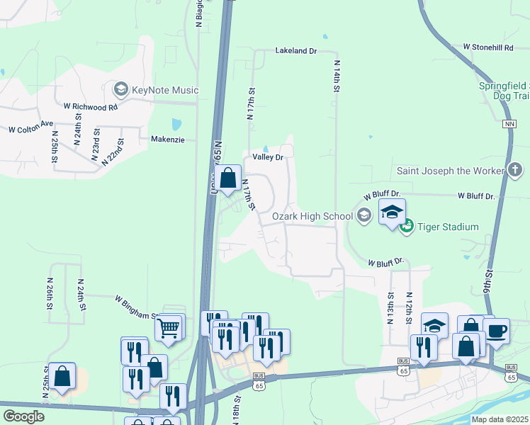 map of restaurants, bars, coffee shops, grocery stores, and more near 1407 North 17th Street in Ozark