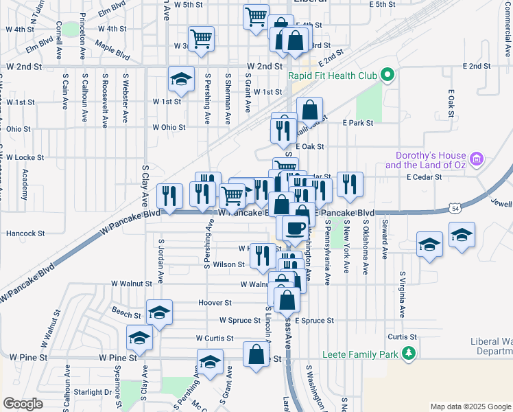 map of restaurants, bars, coffee shops, grocery stores, and more near 130 West Pancake Boulevard in Liberal