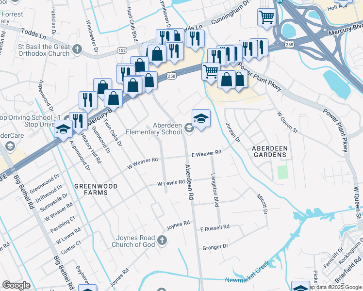 map of restaurants, bars, coffee shops, grocery stores, and more near 1419 Aberdeen Road in Hampton