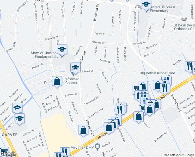 map of restaurants, bars, coffee shops, grocery stores, and more near 358 Brout Drive in Hampton