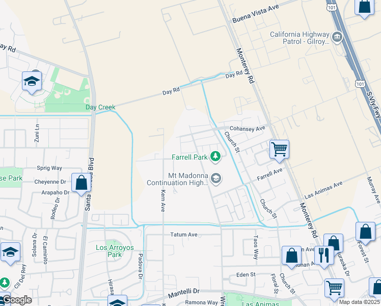 map of restaurants, bars, coffee shops, grocery stores, and more near Fantail Way in Gilroy