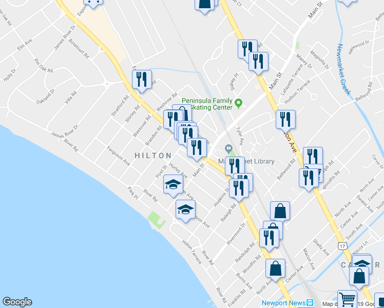 map of restaurants, bars, coffee shops, grocery stores, and more near 10349 Warwick Boulevard in Newport News