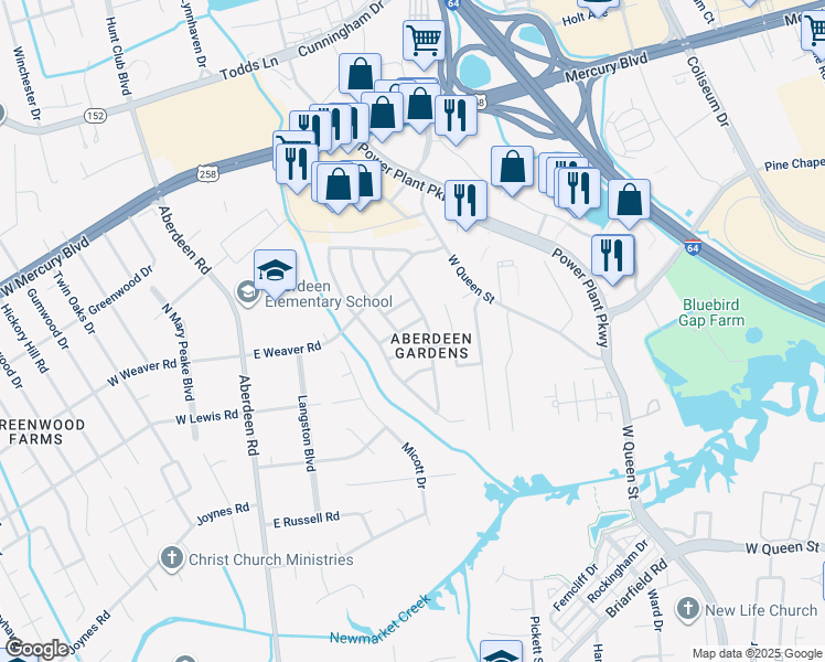 map of restaurants, bars, coffee shops, grocery stores, and more near 110 Pennington Terrace in Hampton