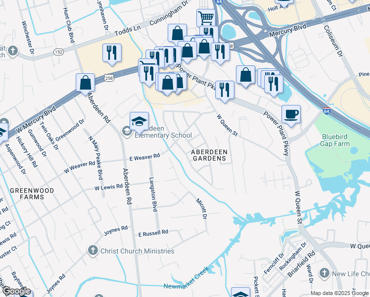 map of restaurants, bars, coffee shops, grocery stores, and more near 56 Jordan Drive in Hampton