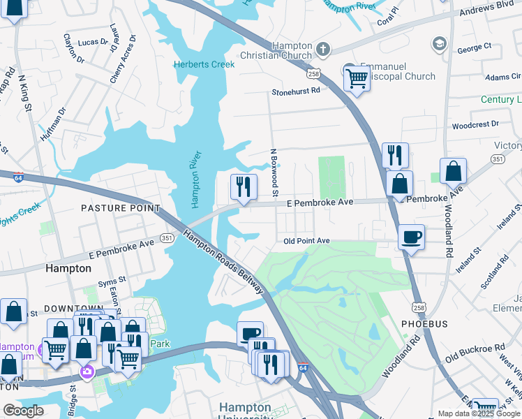 map of restaurants, bars, coffee shops, grocery stores, and more near 704 East Pembroke Avenue in Hampton