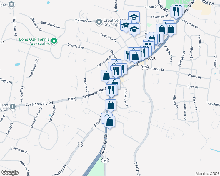 map of restaurants, bars, coffee shops, grocery stores, and more near 3401 Lone Oak Road in Paducah