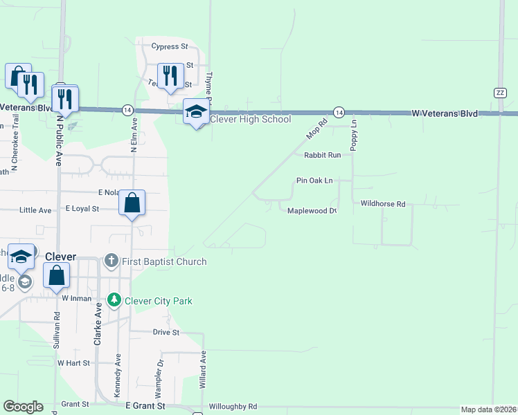 map of restaurants, bars, coffee shops, grocery stores, and more near Mop Road in Clever