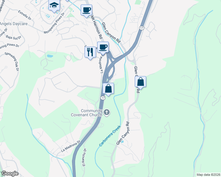 map of restaurants, bars, coffee shops, grocery stores, and more near 2870 El Rancho Drive in Scotts Valley