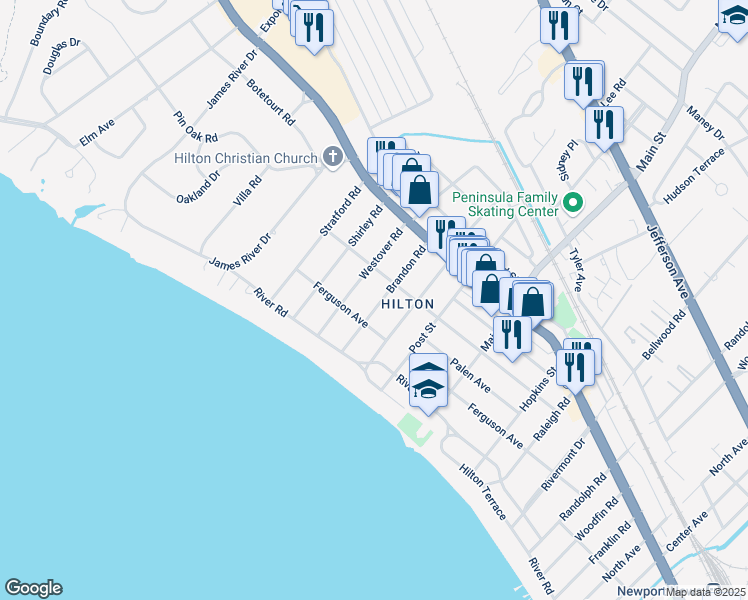 map of restaurants, bars, coffee shops, grocery stores, and more near 21 Brandon Road in Newport News