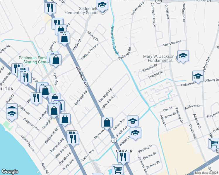 map of restaurants, bars, coffee shops, grocery stores, and more near 628 Bellwood Road in Newport News