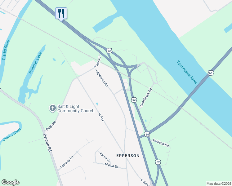 map of restaurants, bars, coffee shops, grocery stores, and more near 115 Fuller Road in Paducah