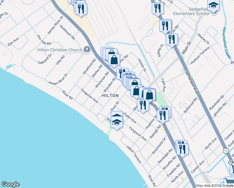 map of restaurants, bars, coffee shops, grocery stores, and more near 41 Milford Road in Newport News