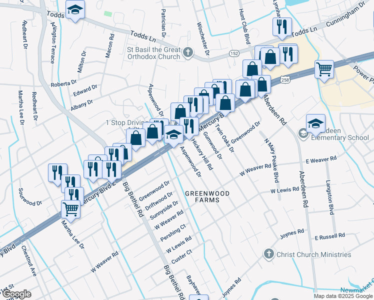 map of restaurants, bars, coffee shops, grocery stores, and more near 5 Aspenwood Drive in Hampton