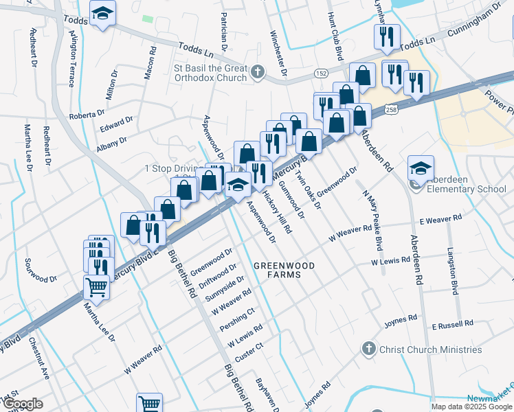 map of restaurants, bars, coffee shops, grocery stores, and more near 5 Aspenwood Drive in Hampton