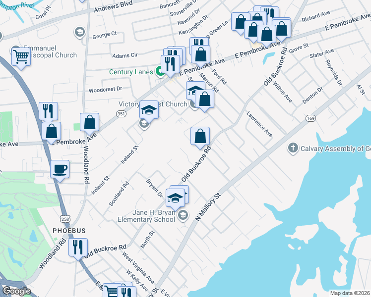 map of restaurants, bars, coffee shops, grocery stores, and more near 1415 Edson Terrace in Hampton
