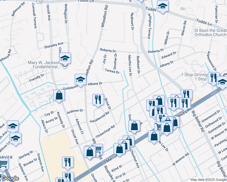 map of restaurants, bars, coffee shops, grocery stores, and more near 351 Brunell Drive in Hampton