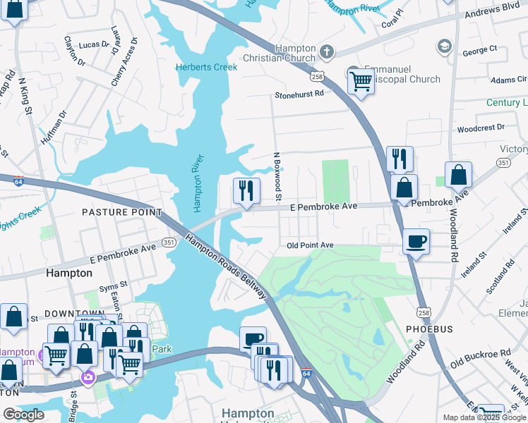 map of restaurants, bars, coffee shops, grocery stores, and more near 704 East Pembroke Avenue in Hampton