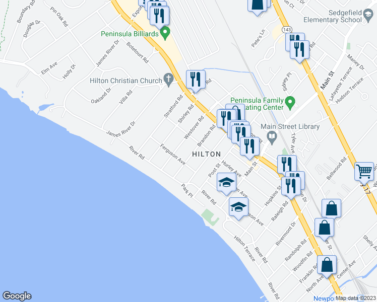 map of restaurants, bars, coffee shops, grocery stores, and more near 21 Brandon Road in Newport News