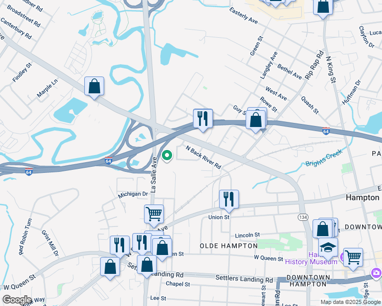 map of restaurants, bars, coffee shops, grocery stores, and more near 737 North Back River Road in Hampton