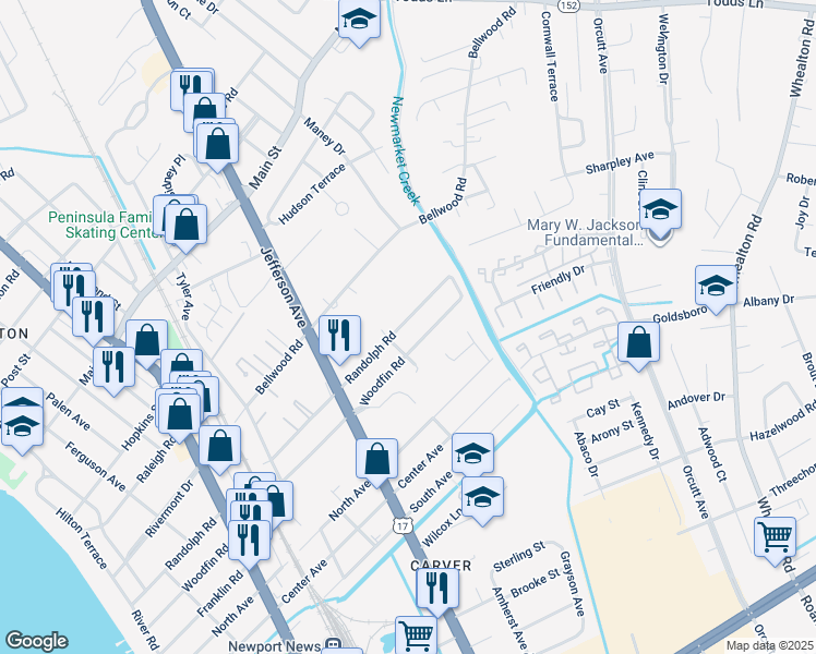 map of restaurants, bars, coffee shops, grocery stores, and more near 706 Randolph Road in Newport News