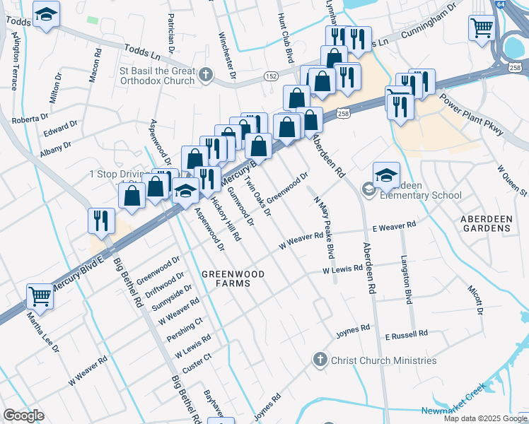 map of restaurants, bars, coffee shops, grocery stores, and more near 30 Twin Oaks Drive in Hampton