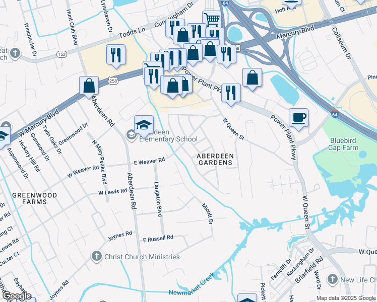 map of restaurants, bars, coffee shops, grocery stores, and more near 58 Jordan Drive in Hampton