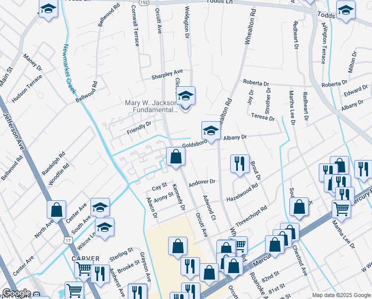 map of restaurants, bars, coffee shops, grocery stores, and more near 5007 Goldsboro Drive in Newport News