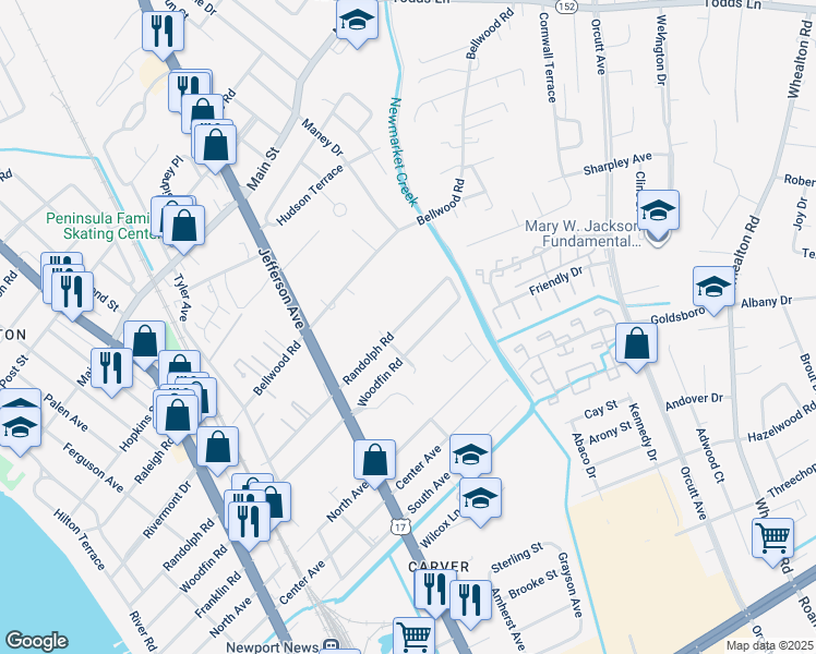 map of restaurants, bars, coffee shops, grocery stores, and more near 706 Randolph Road in Newport News