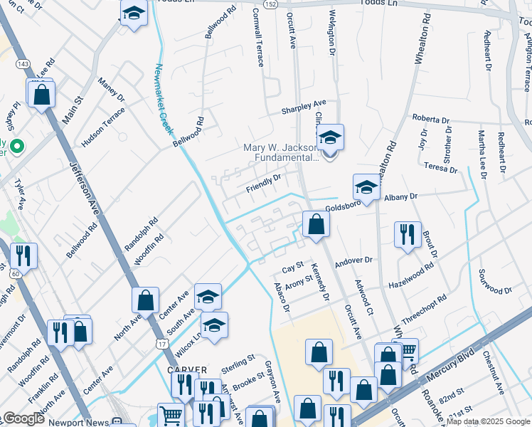 map of restaurants, bars, coffee shops, grocery stores, and more near 5100 Goldsboro Drive in Newport News