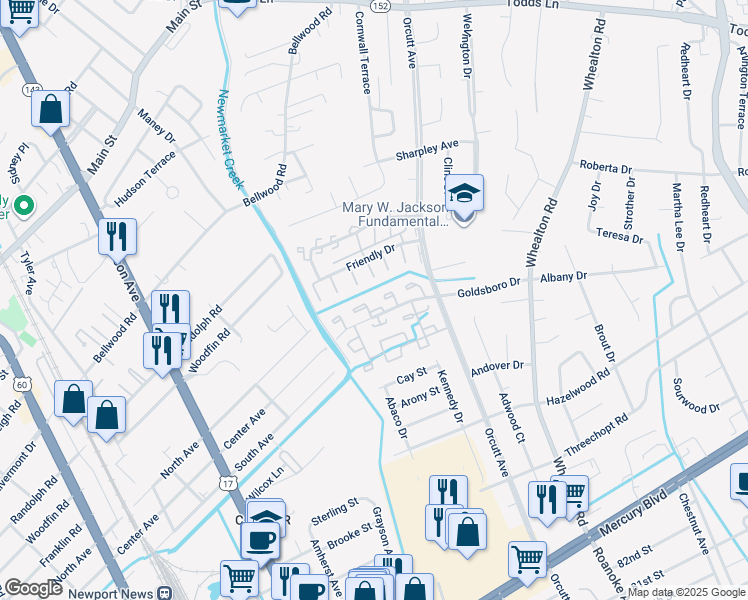 map of restaurants, bars, coffee shops, grocery stores, and more near 5100 Goldsboro Drive in Newport News