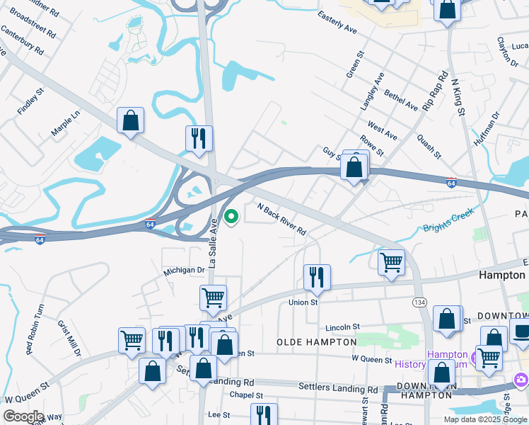 map of restaurants, bars, coffee shops, grocery stores, and more near 737 North Back River Road in Hampton