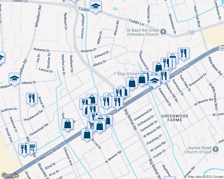 map of restaurants, bars, coffee shops, grocery stores, and more near 427 Big Bethel Road in Hampton