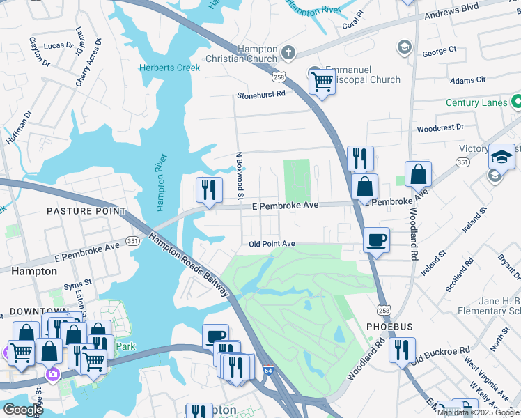 map of restaurants, bars, coffee shops, grocery stores, and more near 900 West Pembroke Avenue in Hampton