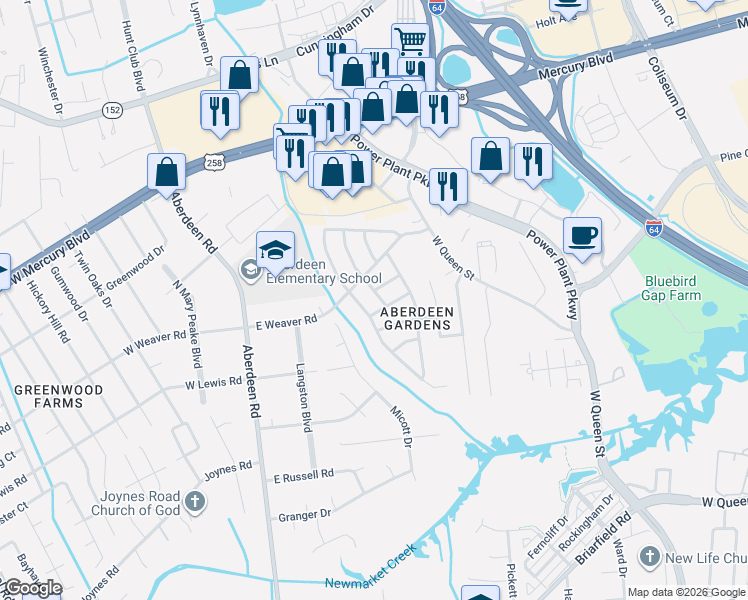 map of restaurants, bars, coffee shops, grocery stores, and more near 103 East Weaver Road in Hampton