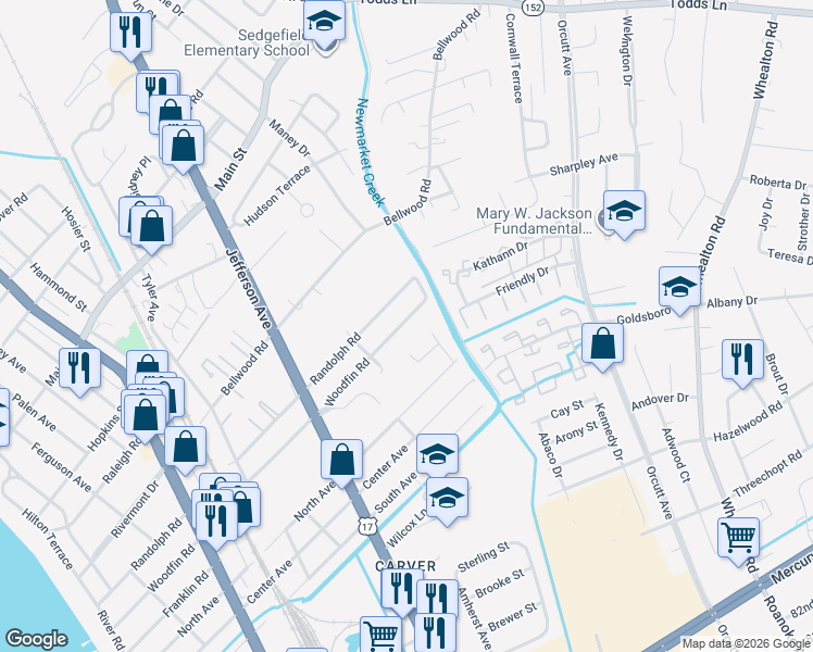 map of restaurants, bars, coffee shops, grocery stores, and more near 721 Woodfin Road in Newport News