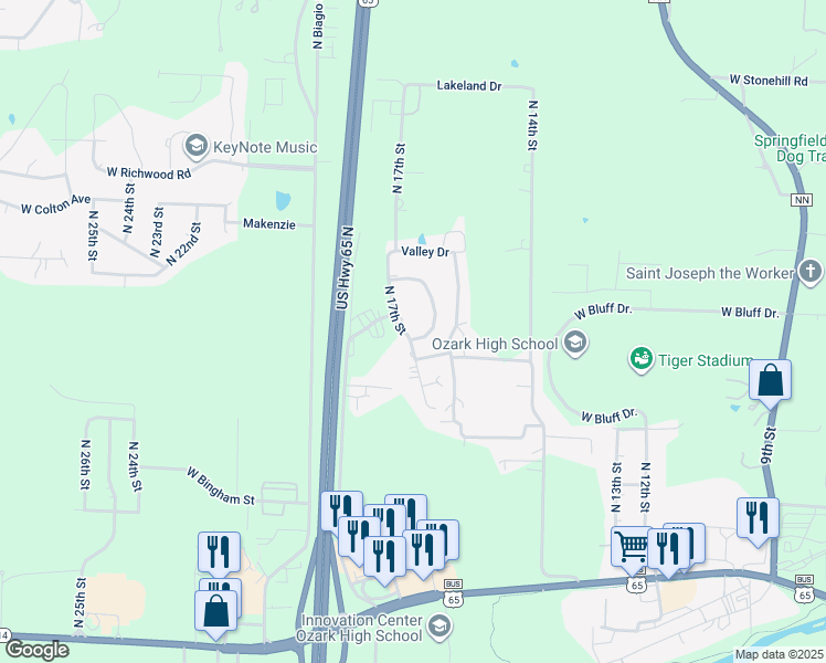 map of restaurants, bars, coffee shops, grocery stores, and more near 1559-1605 Clearwater Circle in Ozark