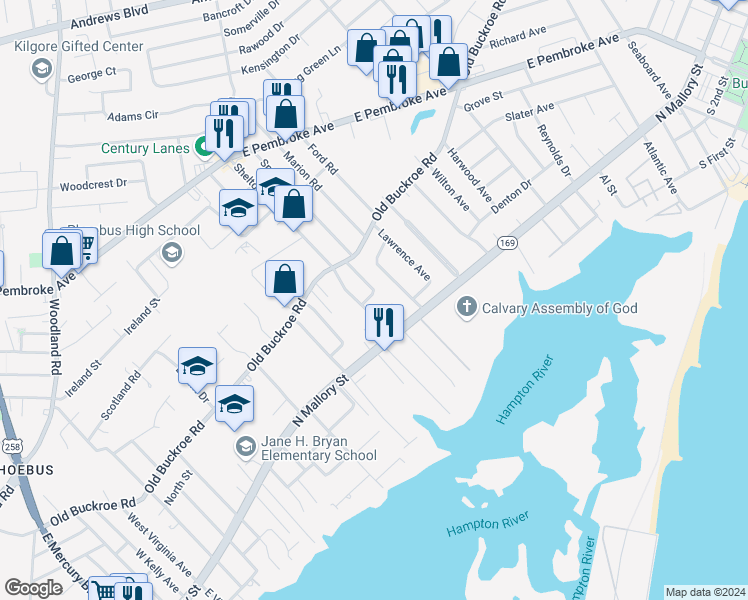 map of restaurants, bars, coffee shops, grocery stores, and more near 4 Oneda Drive in Hampton