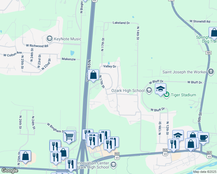 map of restaurants, bars, coffee shops, grocery stores, and more near 1559 Clearwater Circle in Ozark