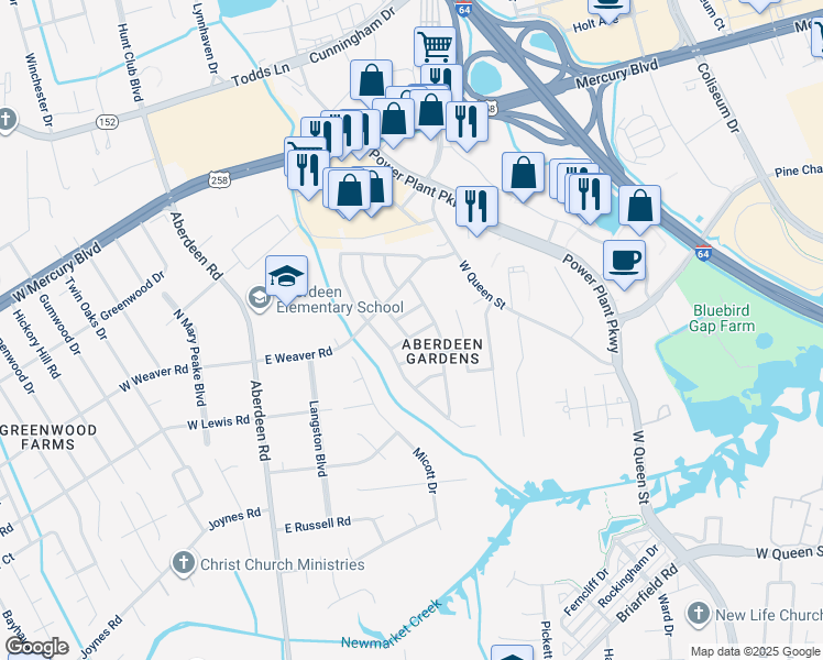 map of restaurants, bars, coffee shops, grocery stores, and more near 107 Pennington Terrace in Hampton