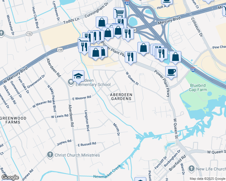 map of restaurants, bars, coffee shops, grocery stores, and more near 107 Pennington Terrace in Hampton