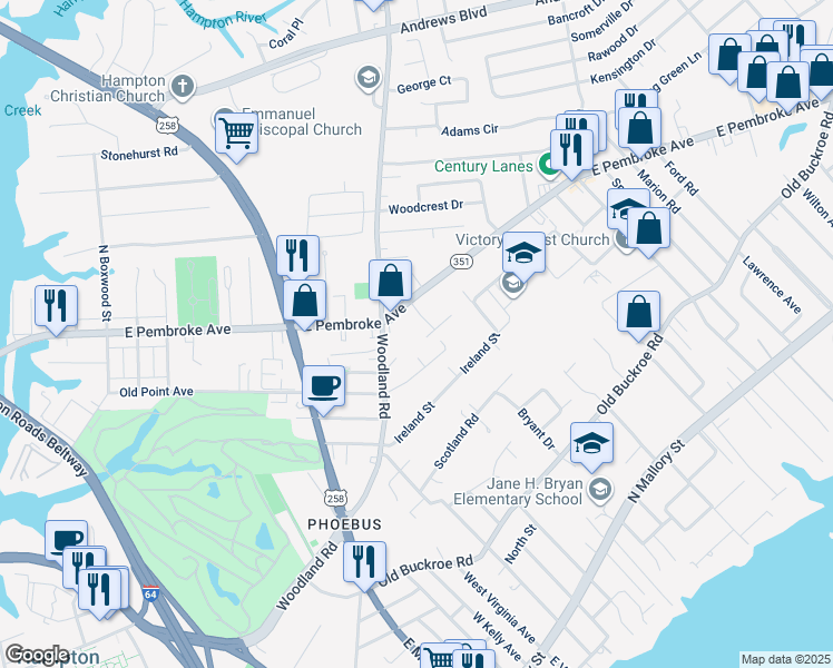 map of restaurants, bars, coffee shops, grocery stores, and more near 75 Warren Street in Hampton
