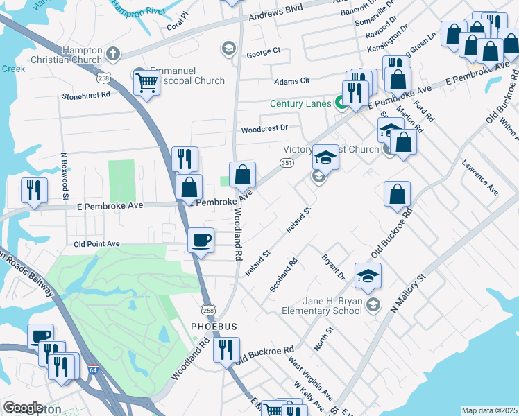 map of restaurants, bars, coffee shops, grocery stores, and more near 75 Warren Street in Hampton