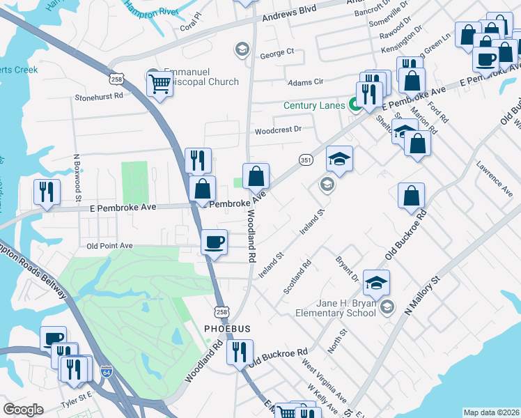 map of restaurants, bars, coffee shops, grocery stores, and more near 1404 East Pembroke Avenue in Hampton